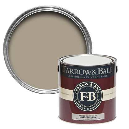 Offene Farbdose von oben von Light Gray, einem neutralen Steinton mit einer geschlossenen 2,5l Dose Estate Emulsion davor. 
