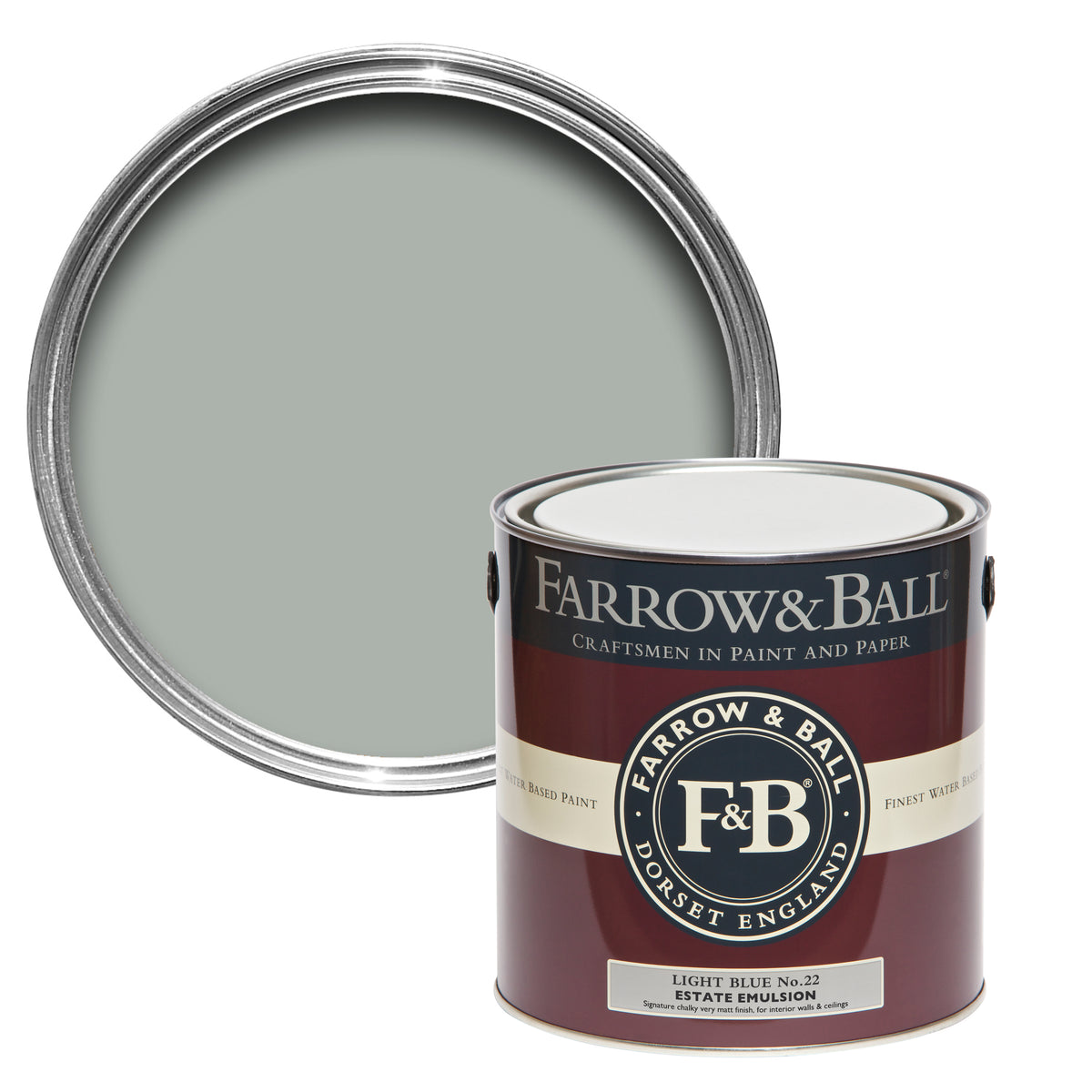 Offene Farbdose von oben von Light Blue, einem hellen und leichten Blau mit einer geschlossenen 2,5l Dose Estate Emulsion davor. 
