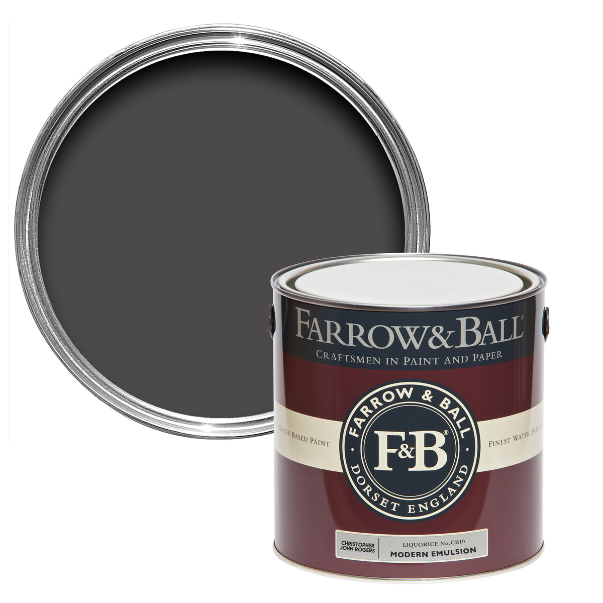 Offene Farbdose von oben von Liquorice, einem Lakritz Schwarz mit einer geschlossenen 2,5l Dose Modern Emulsion davor. 