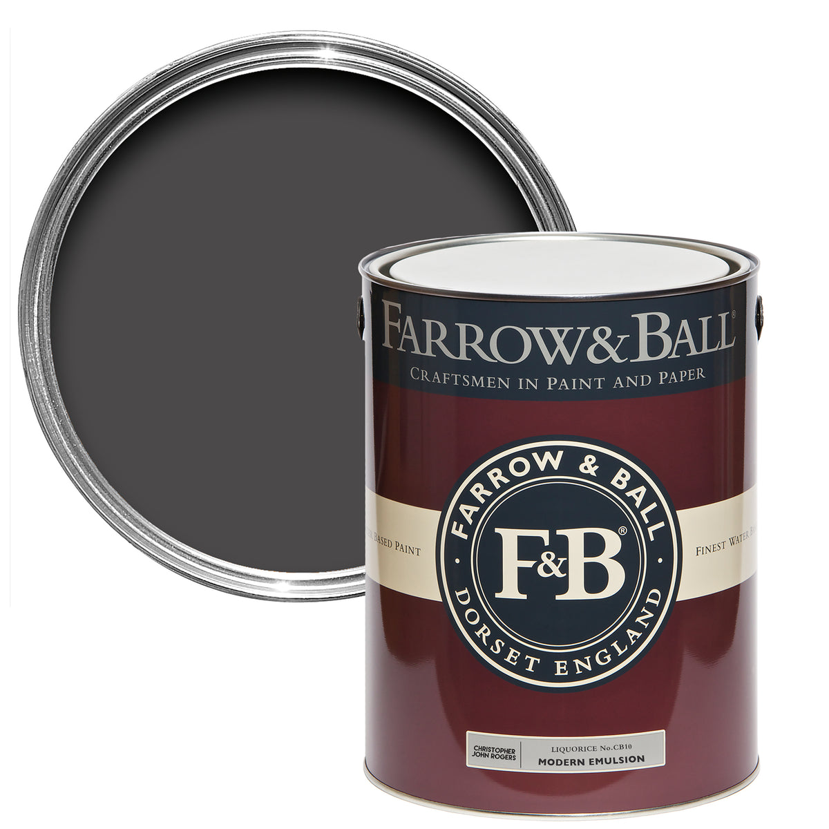 Offene Farbdose von oben von Liquorice, einem Lakritz Schwarz mit einer geschlossenen 5l Dose Modern Emulsion davor. 