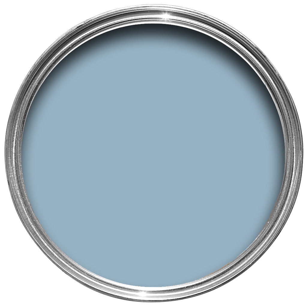 Offene Farbdose von oben von Lulworth Blue, einem Meeresblau aus der Lulworth Bucht.
