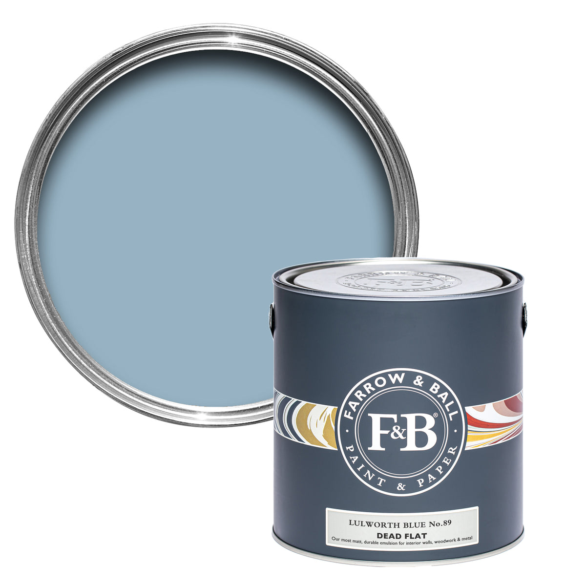 Offene Dead Flat Farbdose von Lulworth Blue, einem Meeresblau aus der Lulworth Bucht.