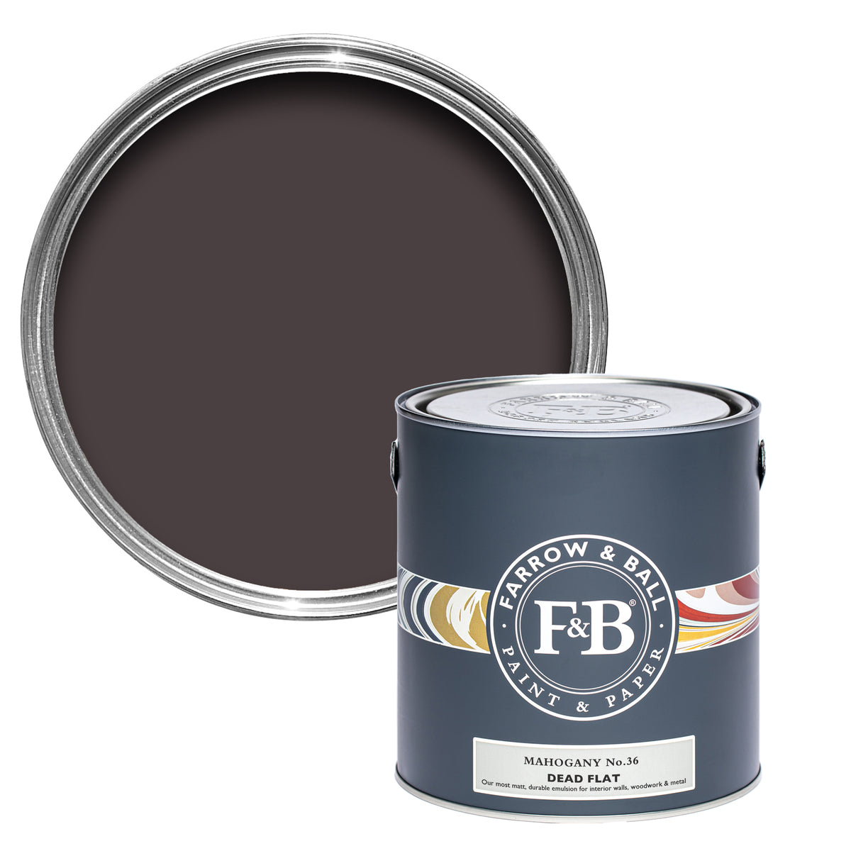 Offene Dead Flat Farbdose von Mahogany, dem üppigen Braun, das an Chippendalemöbel erinnert. 