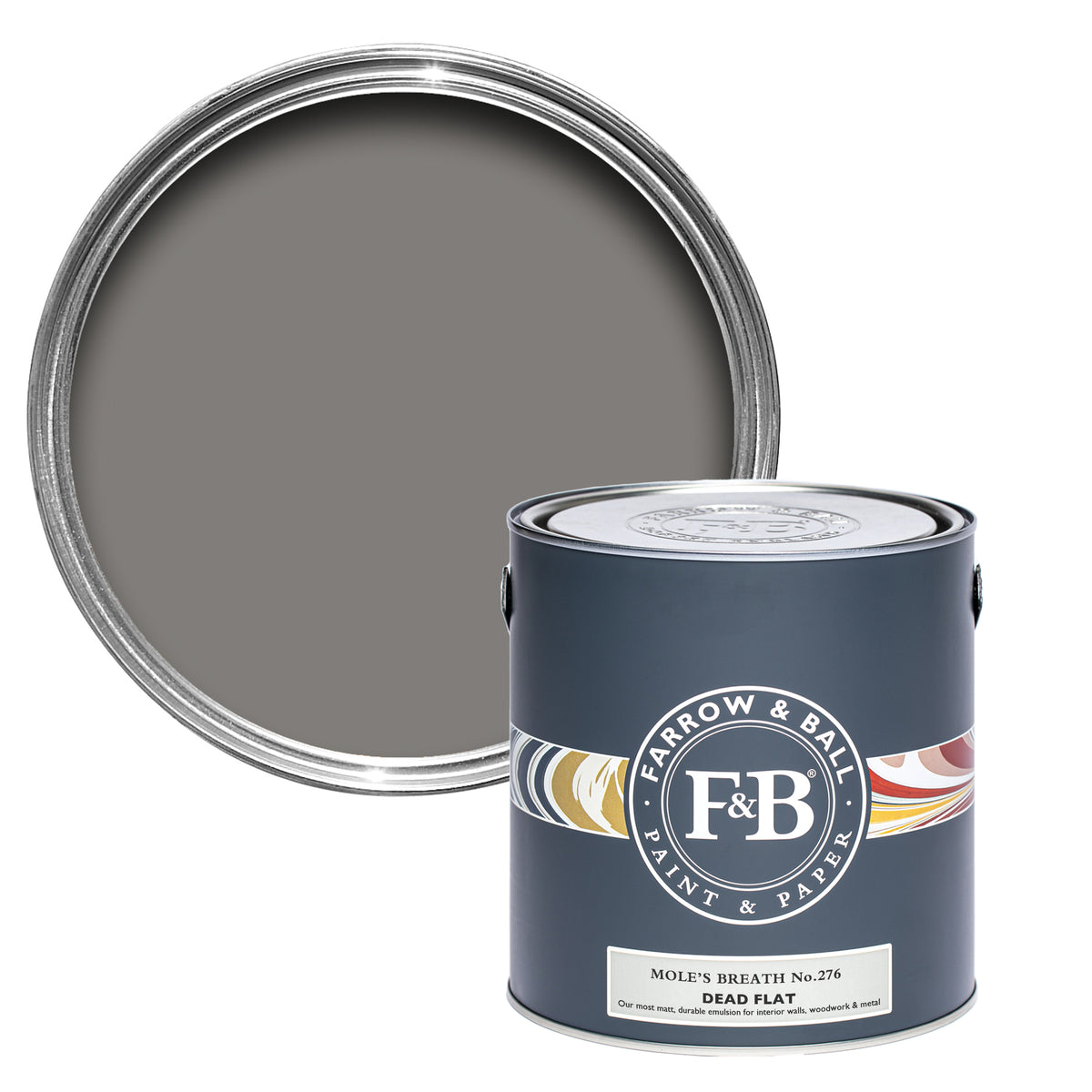 Offene Dead Flat Farbdose von Mole's Breath, einem Graubraun wie das Fell von Maulwürfen. 