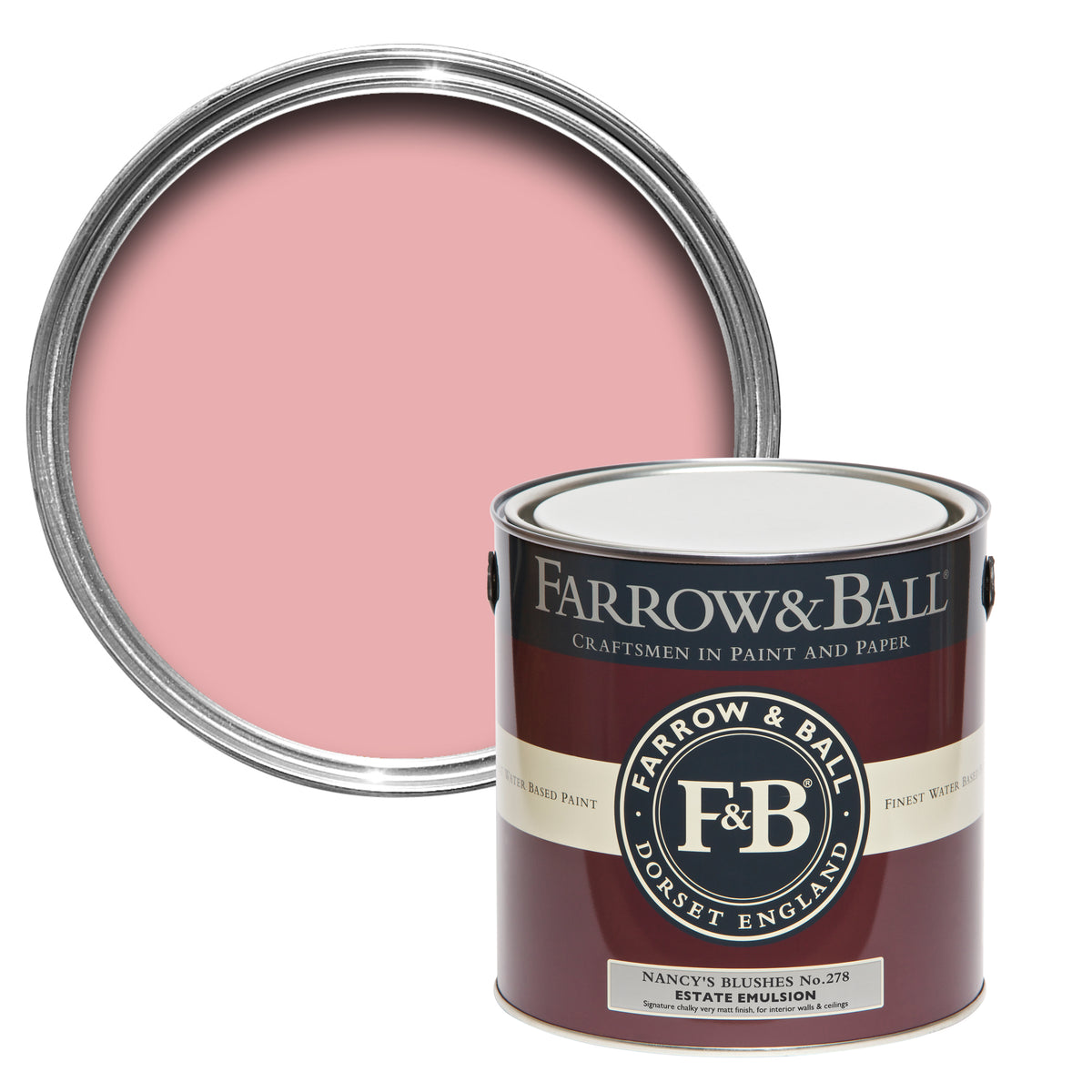 Offene Farbdose von oben von Nancy's Blushes, einem romantischen und heiterm Rosa wie die Wangen eines kleinen Mädchens mit einer geschlossenen 2,5l Dose Estate Emulsion davor. 
 
