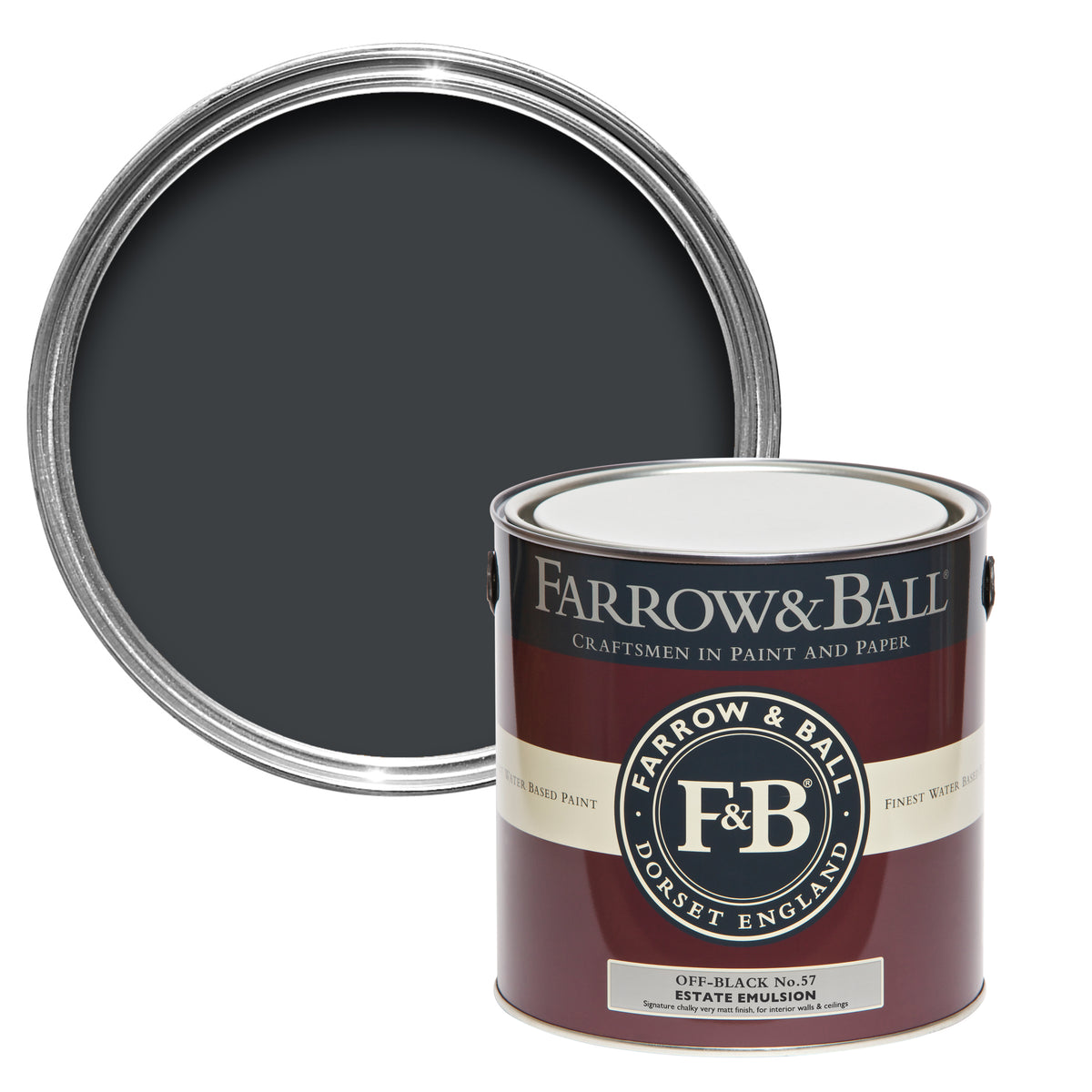 Offene Farbdose von oben von Off-Black, einem klassischen aber weichen Schwarz mit einer geschlossenen 2,5l Dose Estate Emulsion davor. 