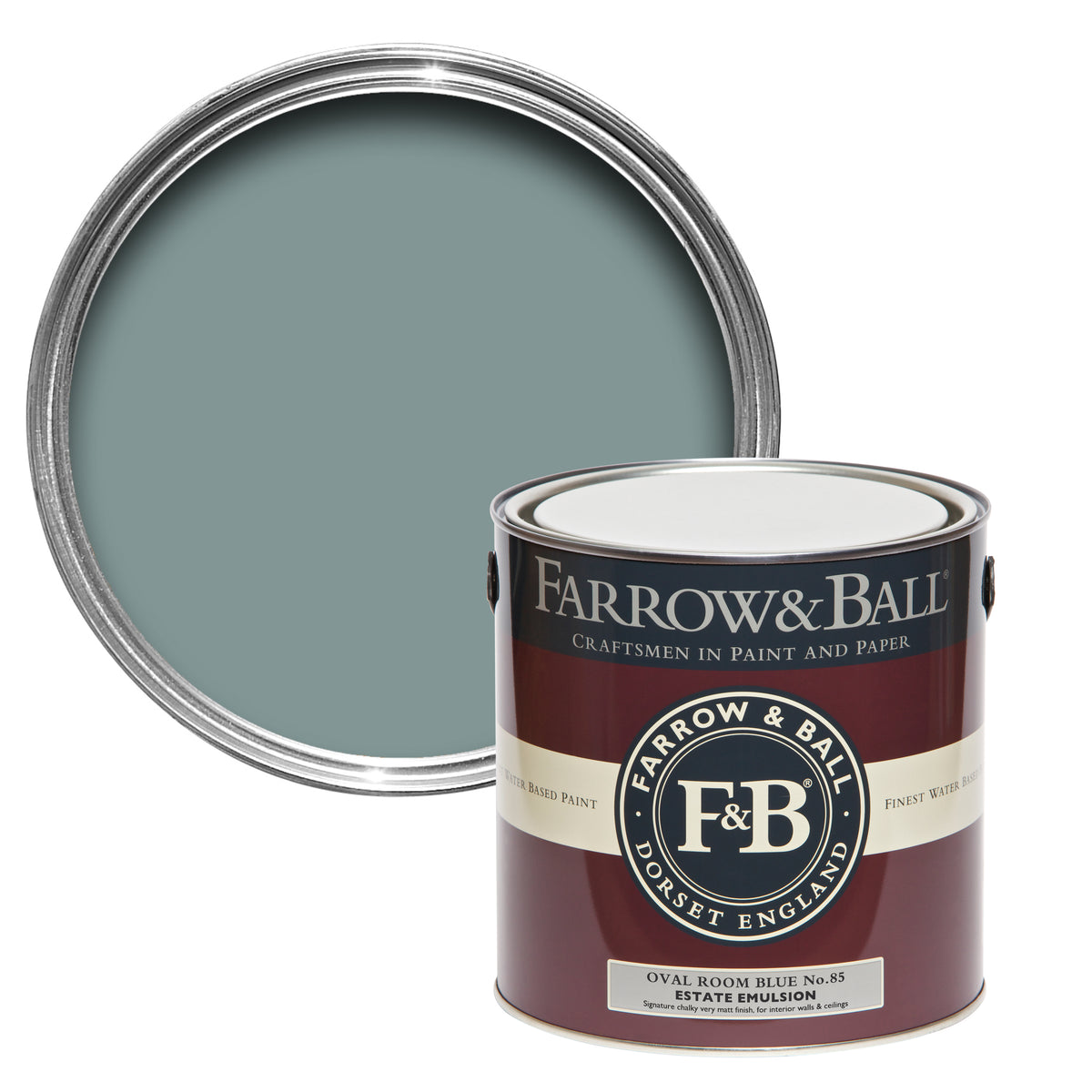 Offene Farbdose von oben von Oval Room Blue, einem königlichen und leicht schwarz eingefärbtem Blau mit einer geschlossenen 2,5l Dose Estate Emulsion davor. 
