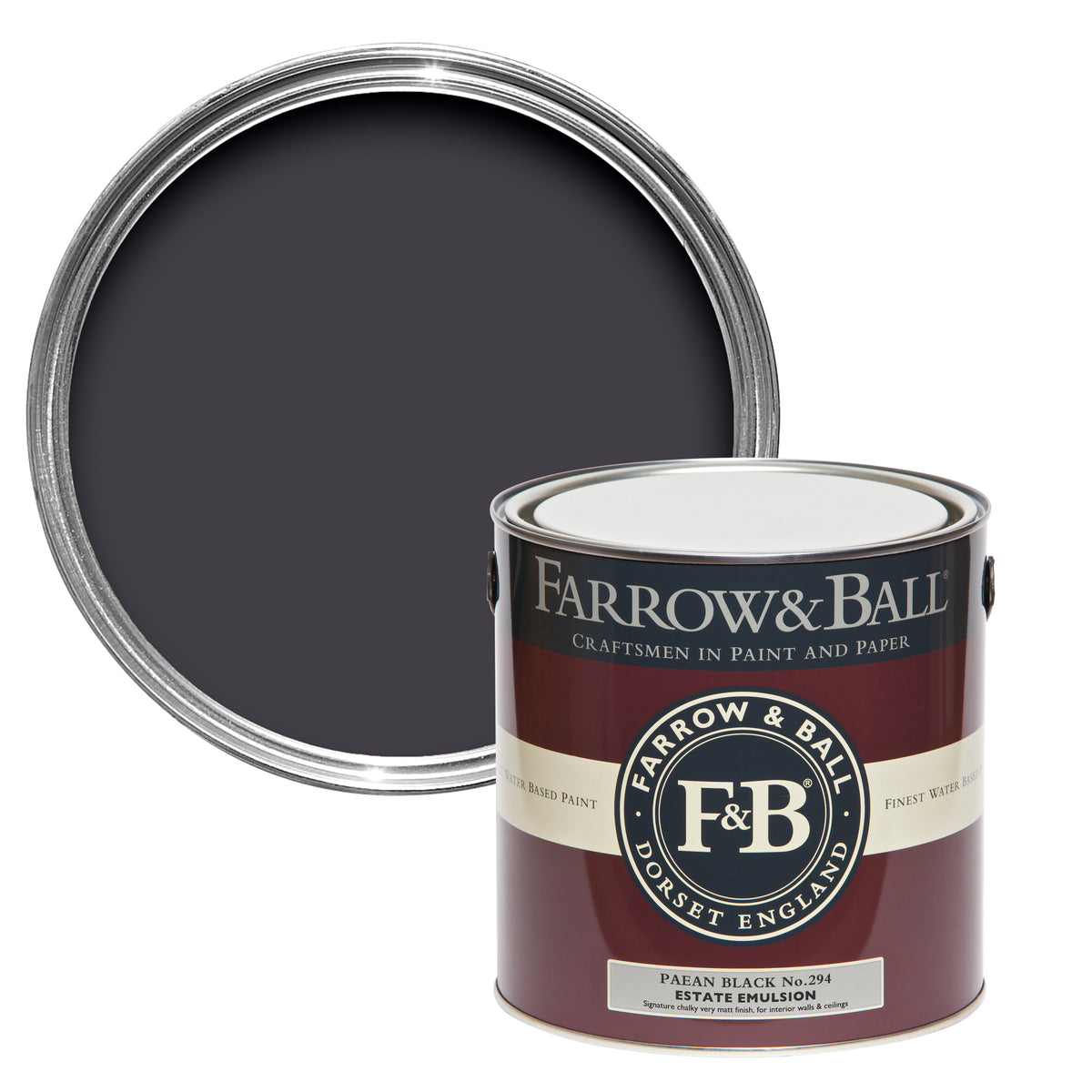Offene Farbdose von oben von Paean Black, einem extravagantem, fast schon schwarzem Violett Ton mit einer geschlossenen 2,5l Dose Estate Emulsion davor. 