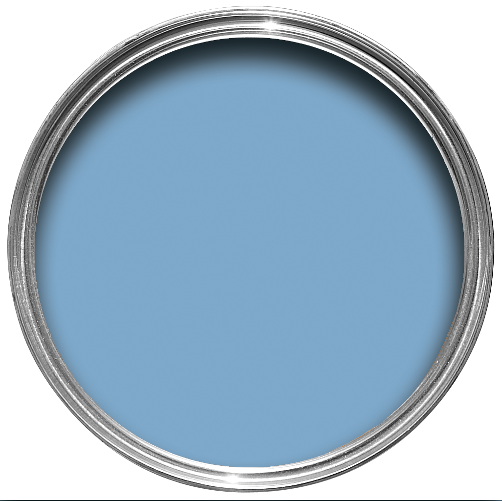 Offene Farbdose von oben von Bay Area Blue, einem Blau von der Küste San Franziscos 