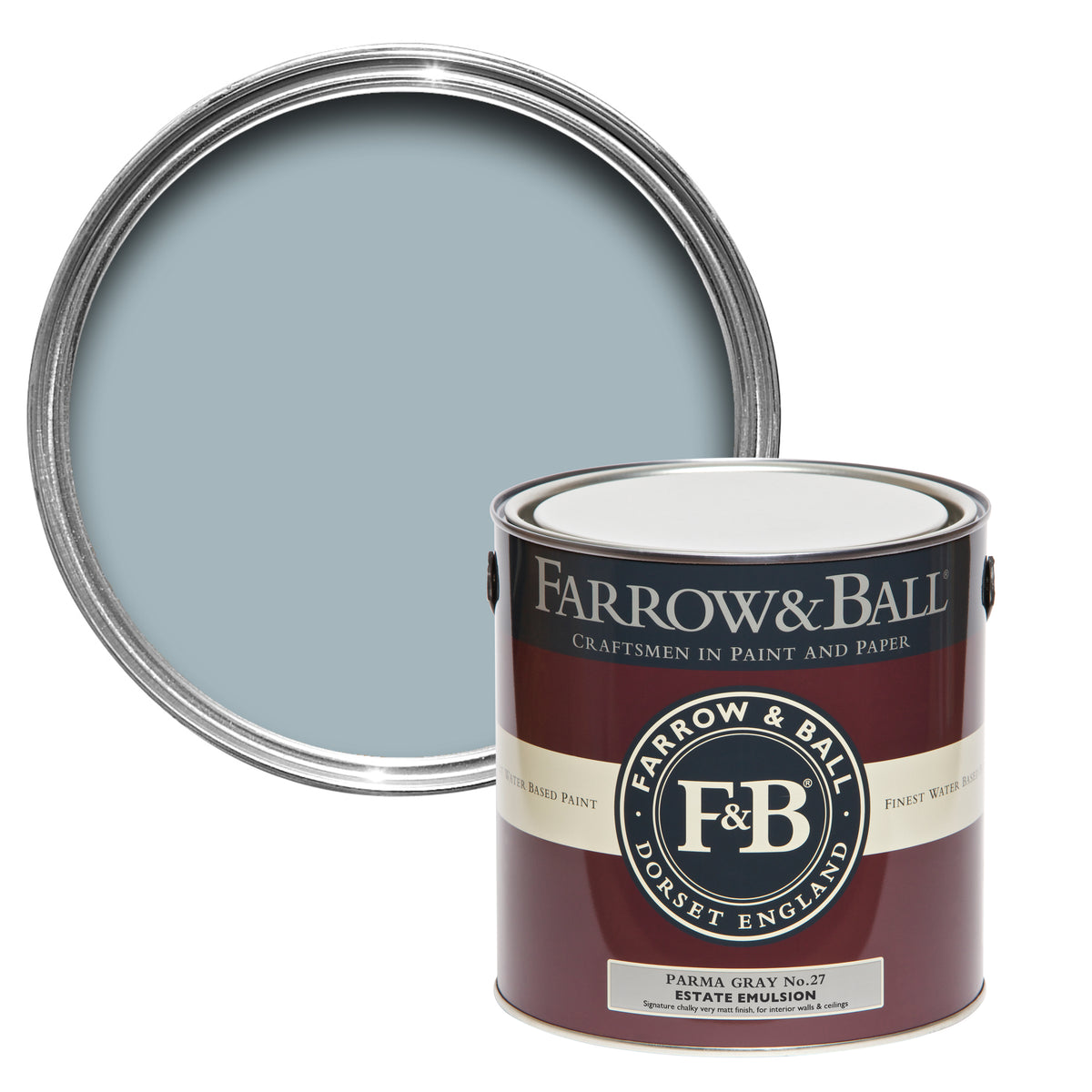 Offene Farbdose von oben von Parma Gray, einem kühlen Blau mit einer geschlossenen 2,5l Dose Estate Emulsion davor. 
