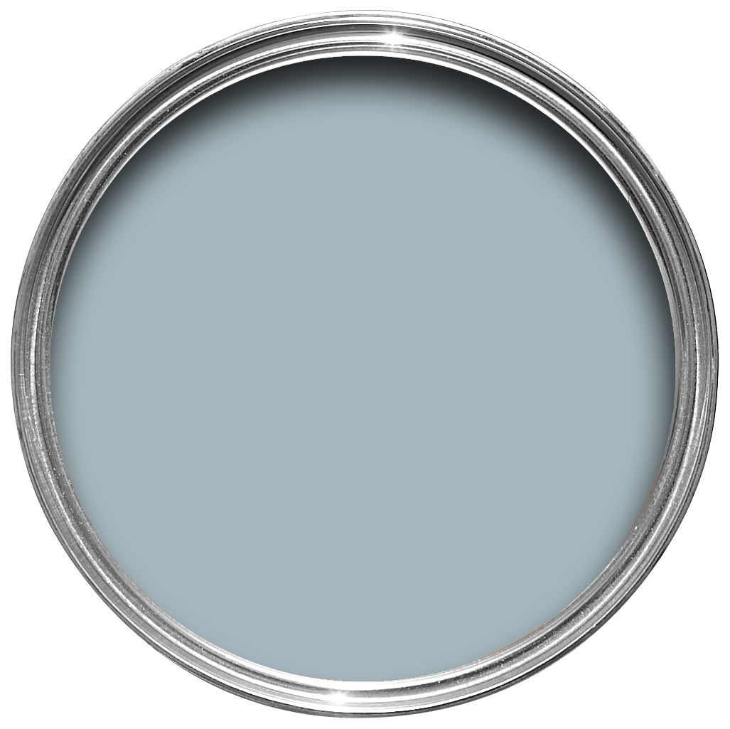 Offene Farbdose von oben von Parma Gray, einem kühlen Blau
