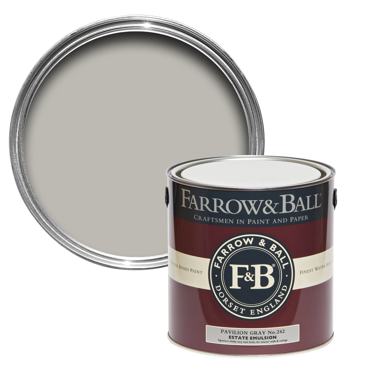 Offene Farbdose von oben von Pavilion Gray, einem klassichen Mittelgrau oder auch Schwedengrau mit einer geschlossenen 2,5l Dose Estate Emulsion davor. 
