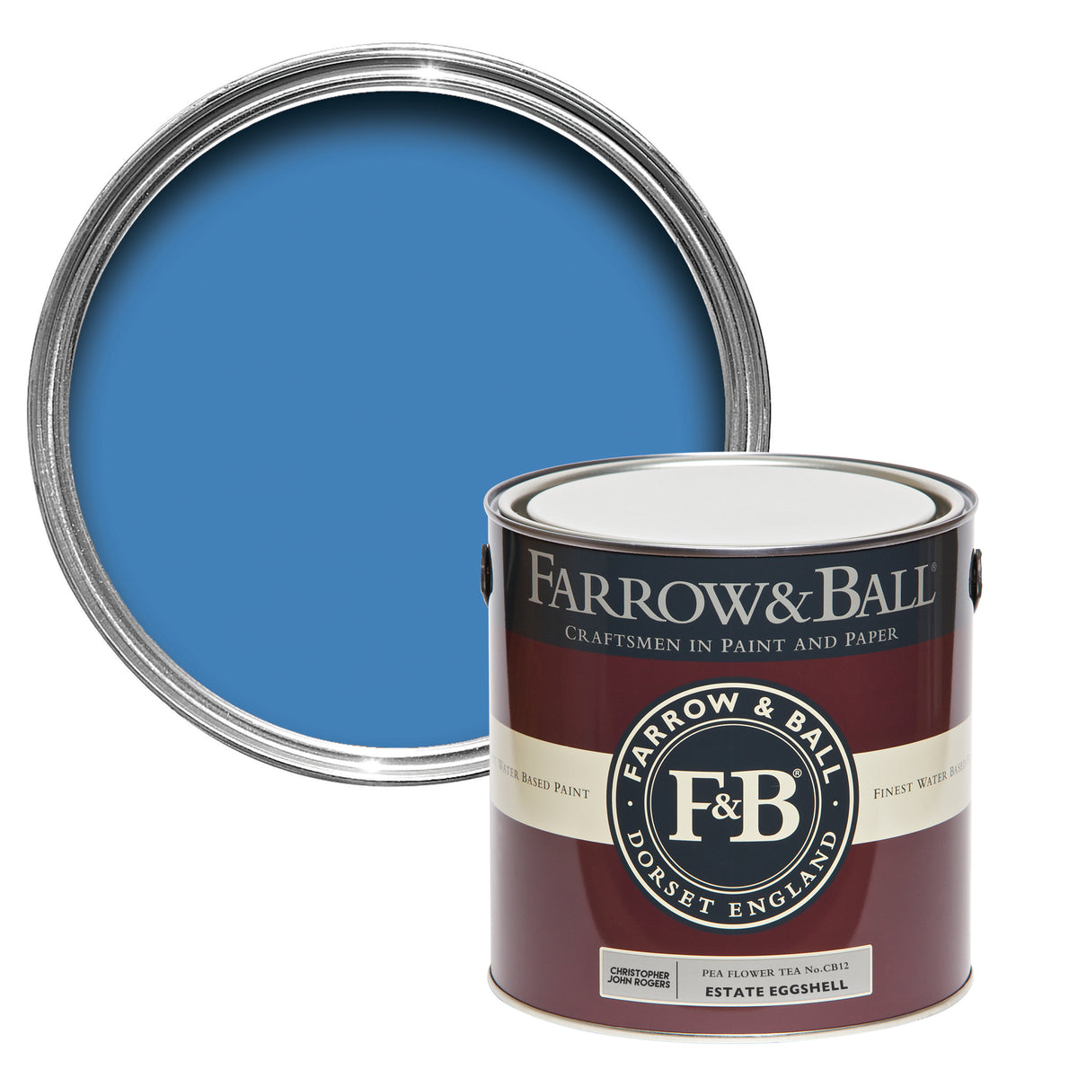 Offene Farbdose von oben von Pea Flower Tea, dem leuchtenden blauen Tee, der aus Schmetterlingsblüten gewonnen wird, mit einer geschlossenen 2,5l Dose davor.
