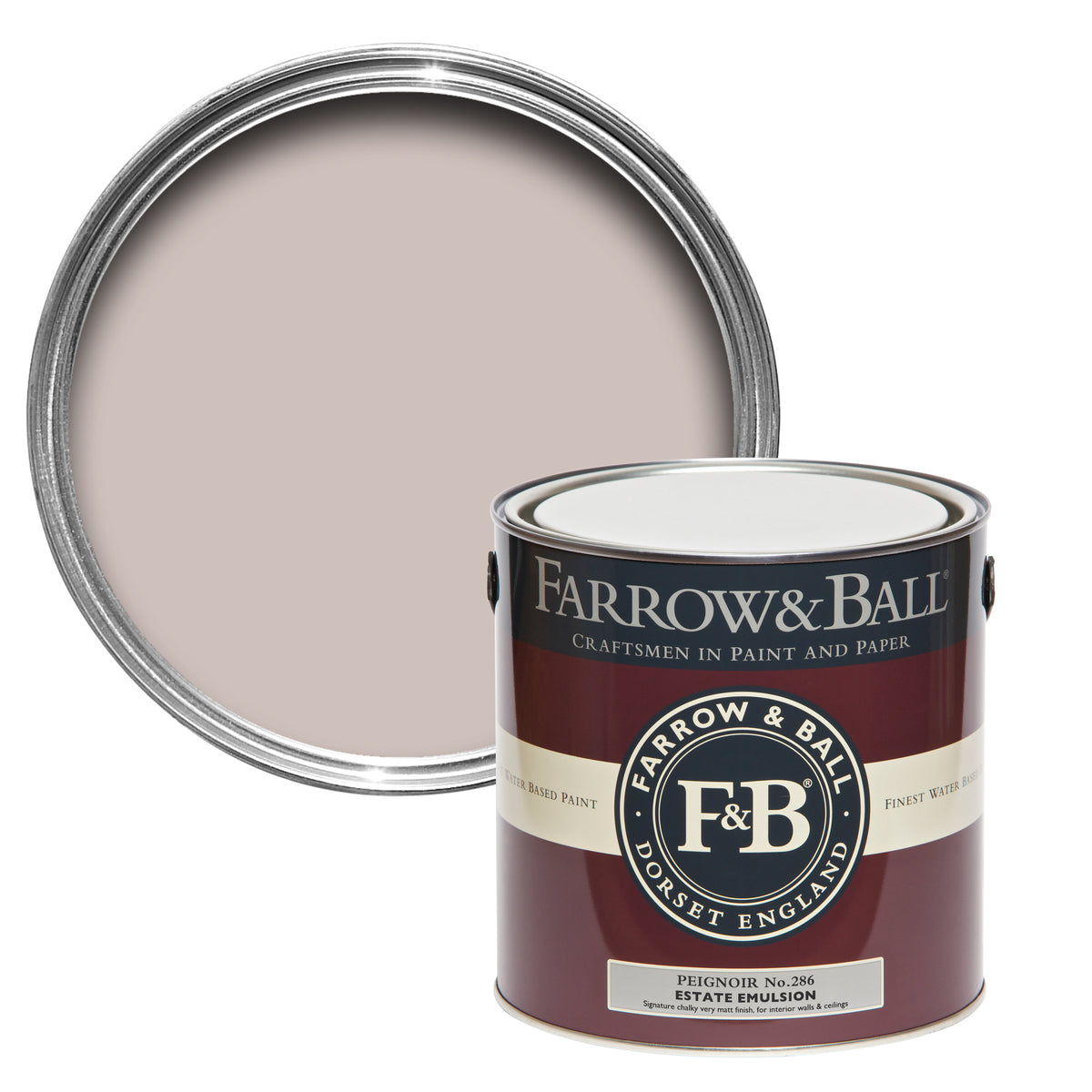 Offene Farbdose von oben von Peignoir, einem Grau, das im richtigen Licht Rosé erscheint mit einer geschlossenen 2,5l Dose Estate Emulsion davor. 
