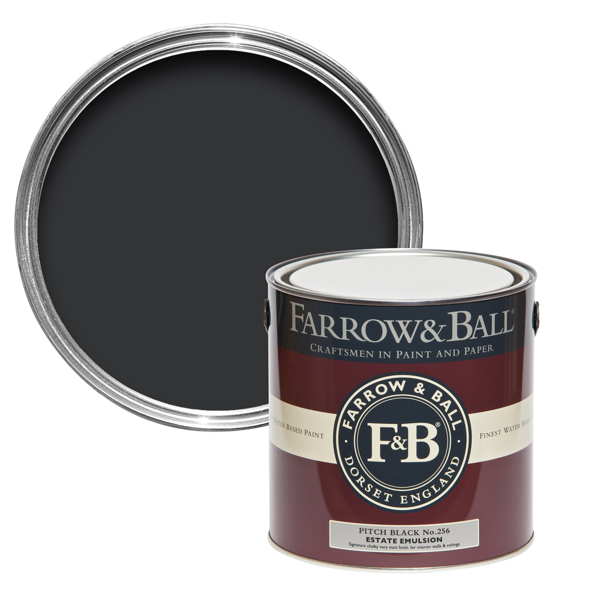 Offene Farbdose von oben von Pitch Black einem schwarz, dunkel wie Teer mit einer geschlossenen 2,5l Dose Estate Emulsion davor. 
