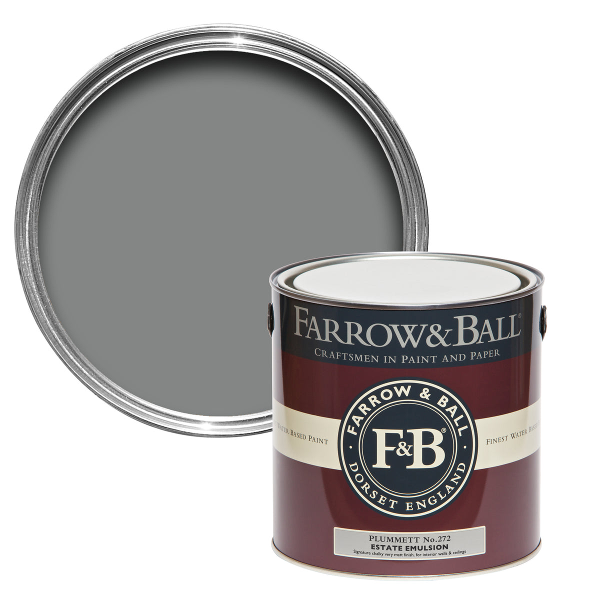 Offene Farbdose von oben von Plumett, einem starken Grau mit einer geschlossenen 2,5l Dose Estate Emulsion davor. 
