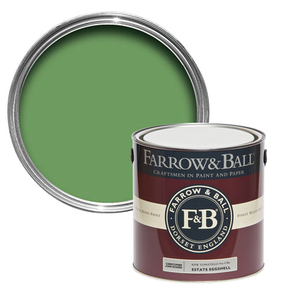 Offene Farbdose von oben von Raw Tomatillo, einem fröhlichen Grün, wie das von rohen Tomaten mit einer geschlossenen 2,5l Dose davor
