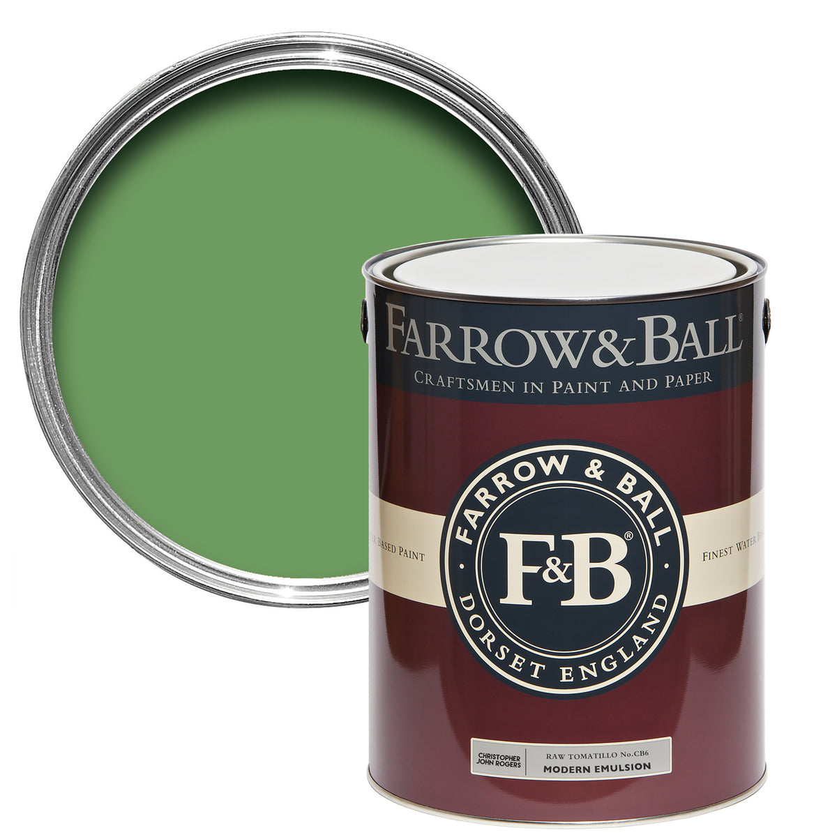 Offene Farbdose von oben von Raw Tomatillo, einem fröhlichen Grün, wie das von rohen Tomaten, mit einer geschlossenen 5l Dose Modern Emulsion davor. 
