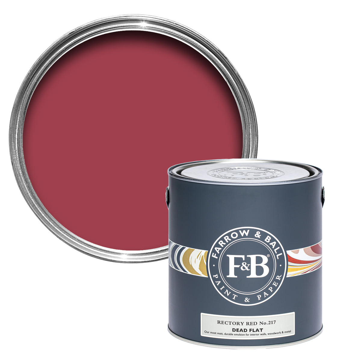 Offene Farbdose von Rectory Red, das einen eleganten Rotton darstellt, der von einem Dorf in Klerus inspiriert ist.