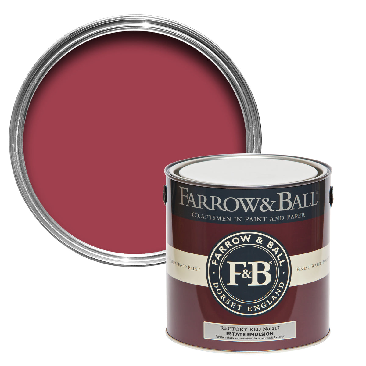 Offene Farbdose von oben hinter einer geschlossenen von Rectory Red, das einen eleganten Rotton darstellt, der von einem Dorf in Klerus inspiriert ist.