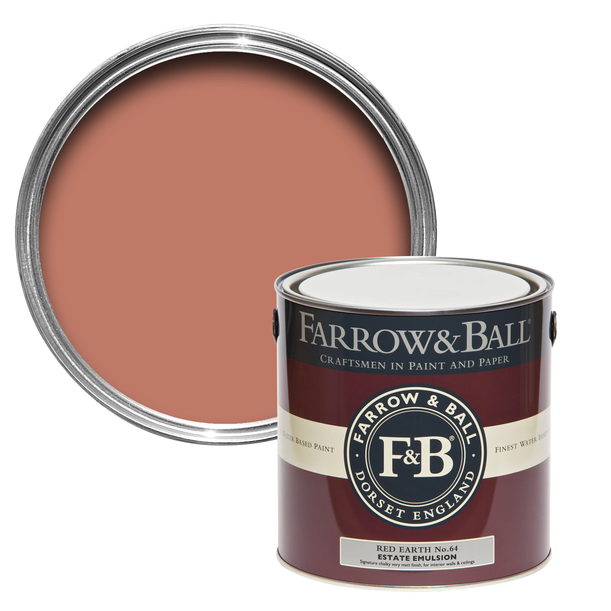 Offene Farbdose von oben von Red Earth, einem erdigen Rot mit einer geschlossenen 2,5l Dose Estate Emulsion davor. 
