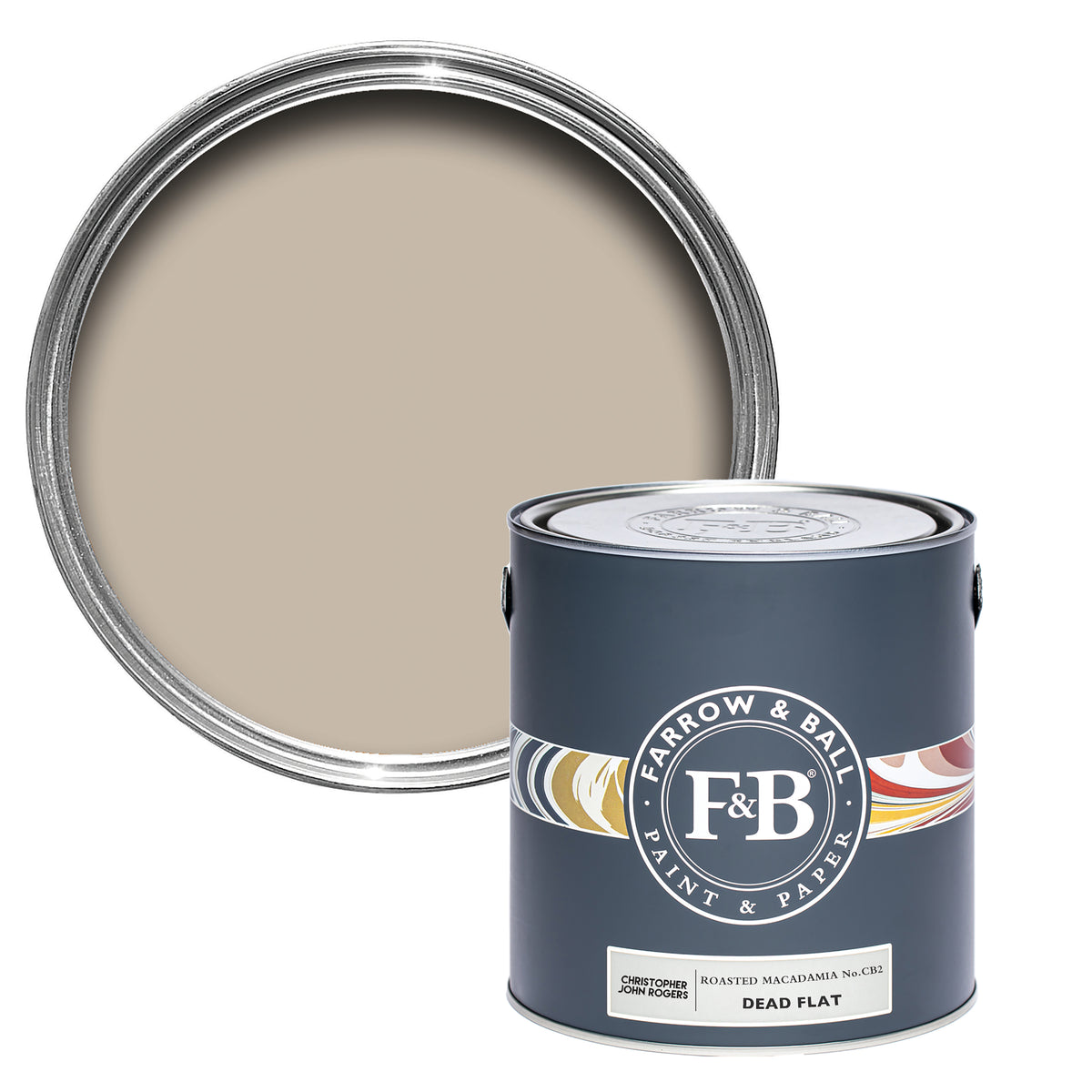 Offene Dead Flat Farbdose von Roasted Macadamia, dem Neutralton, der an die Macadamia Nuss erinnert. 