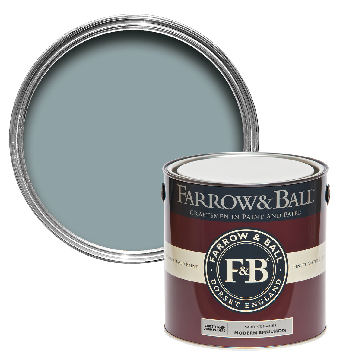 Offene Farbdose von oben von Sardine, einem Silbergrau, mit einer geschlossenen 2,5l Dose Modern Emulsion davor. 