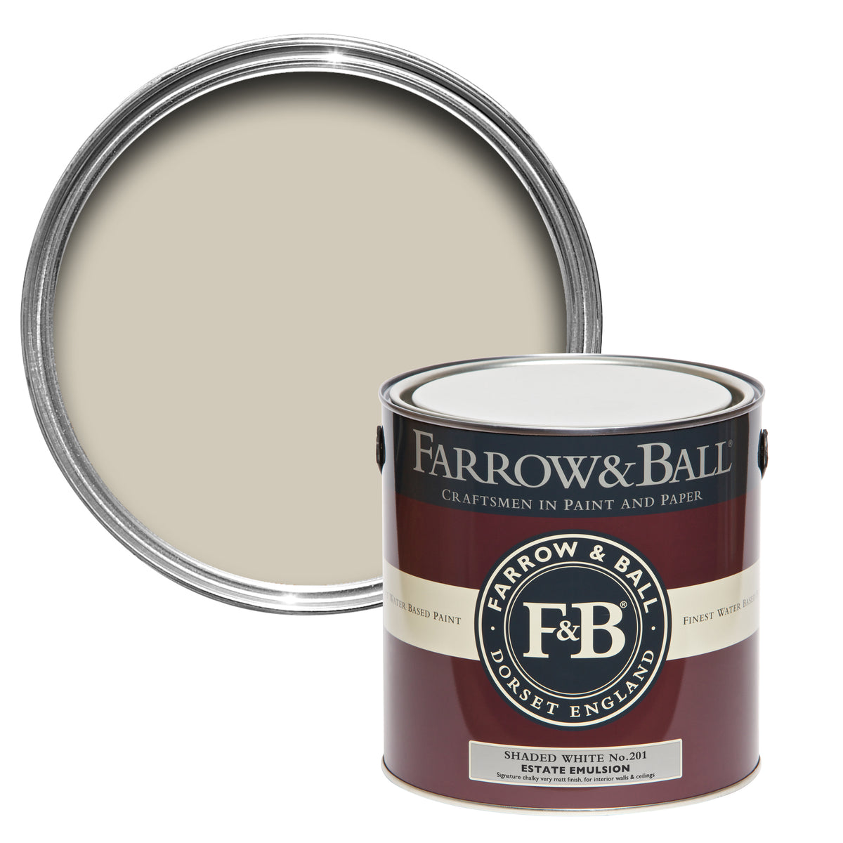 Offene Farbdose von oben von Shaded White, einem Weißton der schattig wirkt mit einer geschlossenen 2,5l Dose Estate Emulsion davor. 

