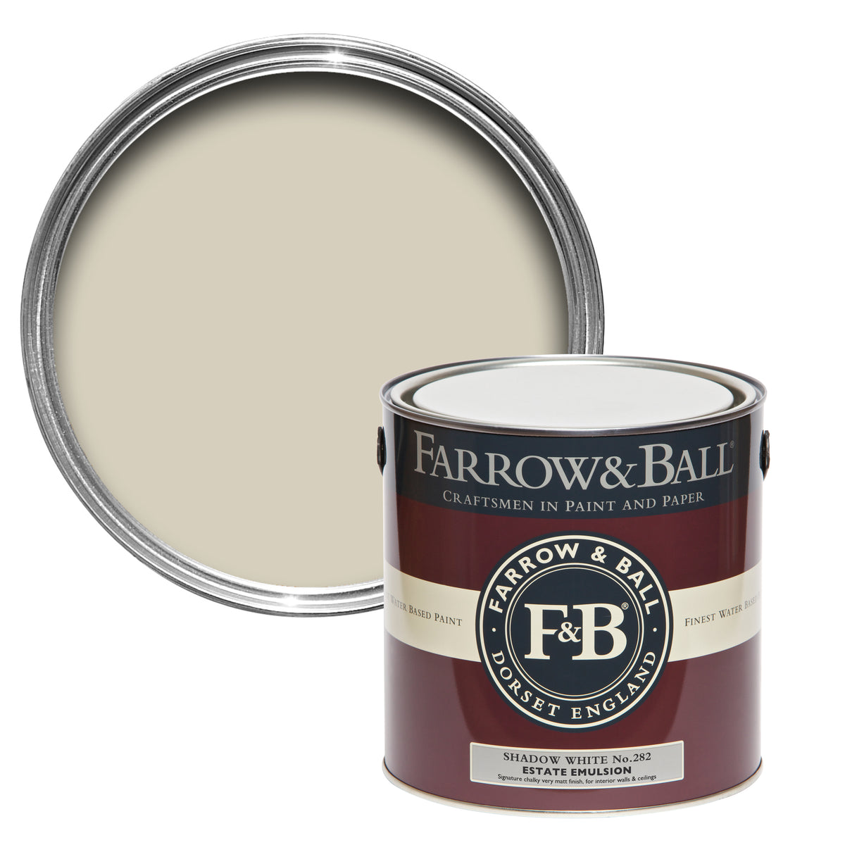 Offene Farbdose von oben von Shadow White, einem neutralen, hellen Weißton im Schatten mit einer geschlossenen 2,5l Dose Estate Emulsion davor. 
