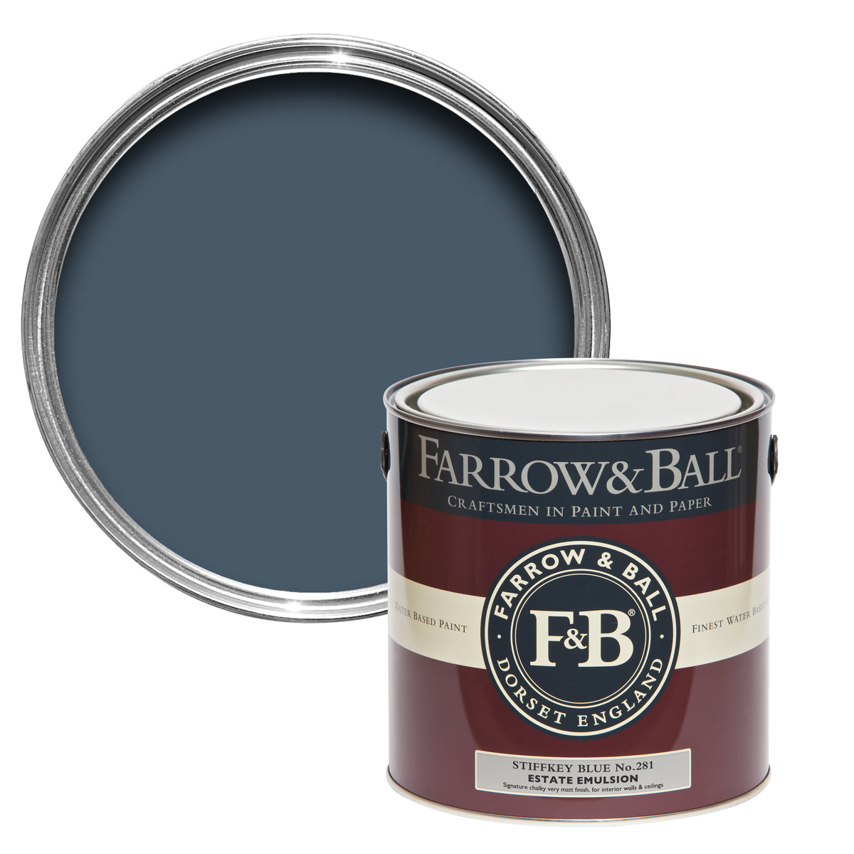 Offene Farbdose von oben von Stiffkey Blue, einem Atmosphäre bringendem dunklen Blau mit einer geschlossenen 2,5l Dose Estate Emulsion davor. 
