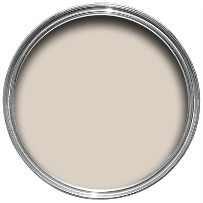 Offene Farbdose von oben von Stirabout, einer erdigen Nuance mit grauen Untertönen, das der Farbe von Porridge ähnelt. 
