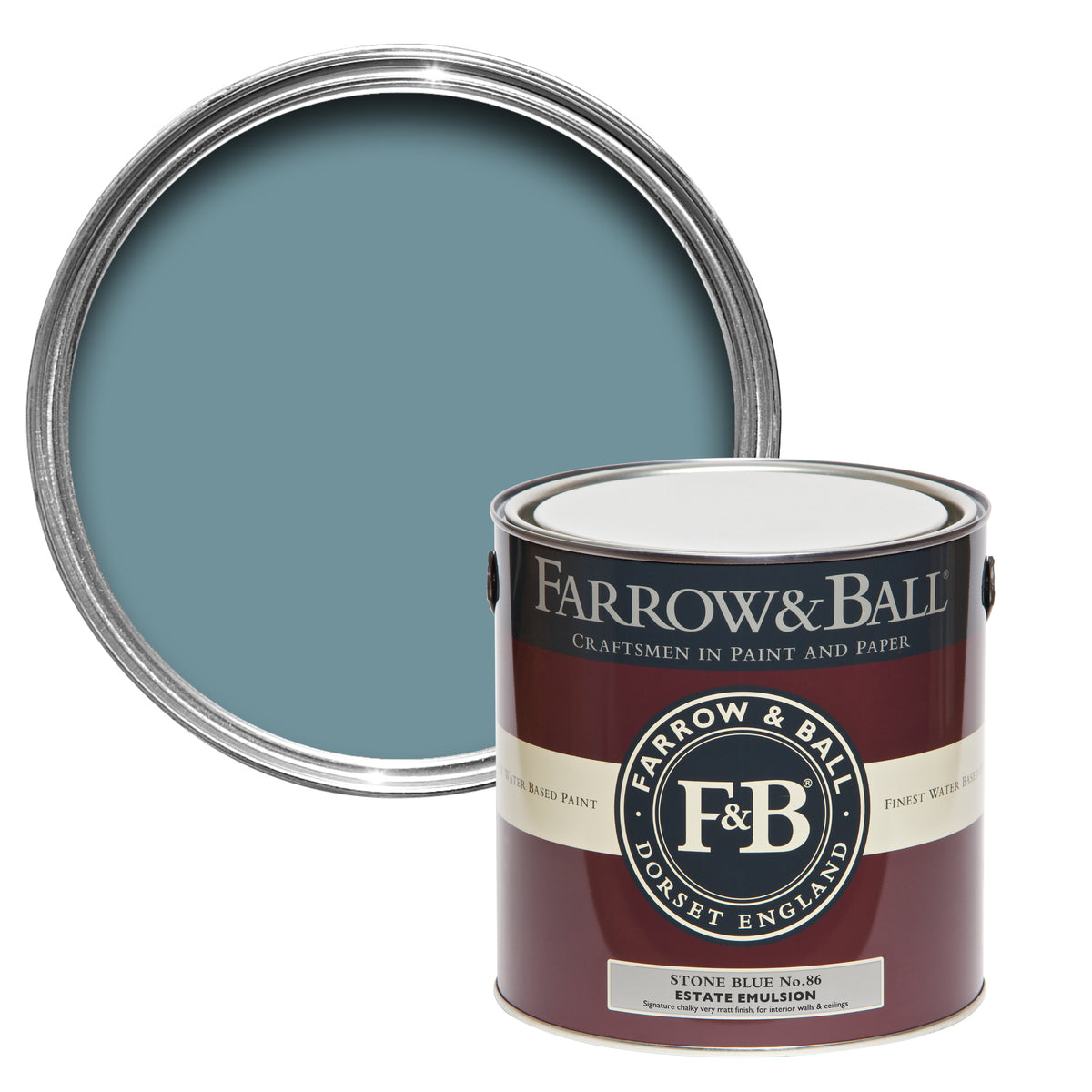 Offene Farbdose von oben von Stone Blue, einem satten und lebendigem Indigoblau mit einer geschlossenen 2,5l Dose Estate Emulsion davor. 
