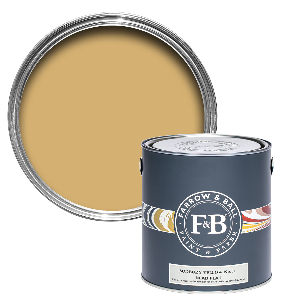Offene Dead Flat Farbdose von Sudbury Yellow, einem dunklen, starken Gelb, das sich je nach Tageslichteinfall entfaltet