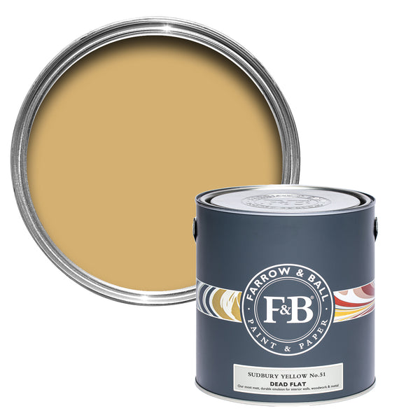 Offene Dead Flat Farbdose von Sudbury Yellow, einem dunklen, starken Gelb, das sich je nach Tageslichteinfall entfaltet