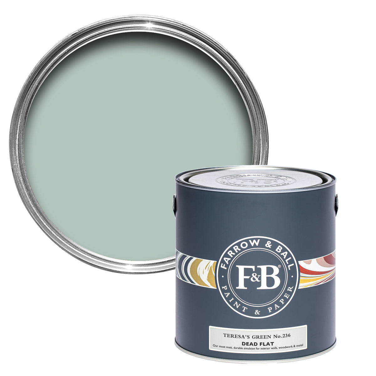 Offene Dead Flat Farbdose von Teresa's Green, einem gesättigtem, aber zarten Blaugrün.