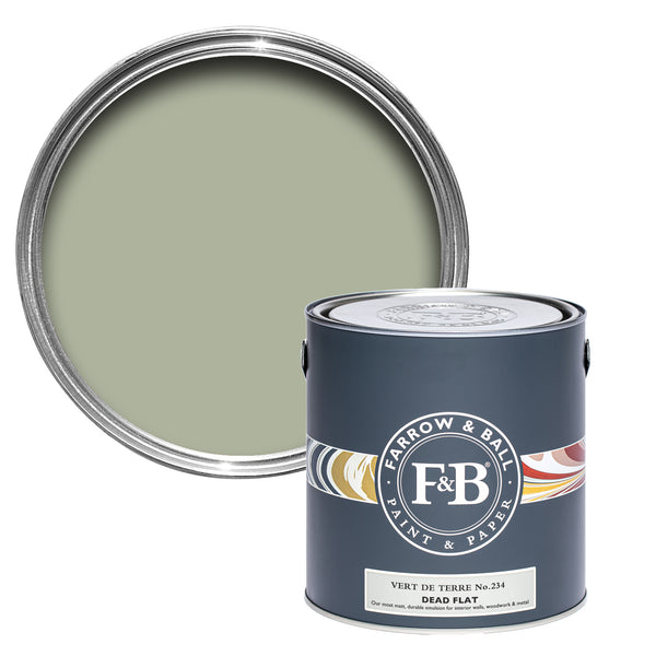 Offene Dead Flat Farbdose von Vert De Terre, einem erdigen Grün mit blauen Untertönen. 