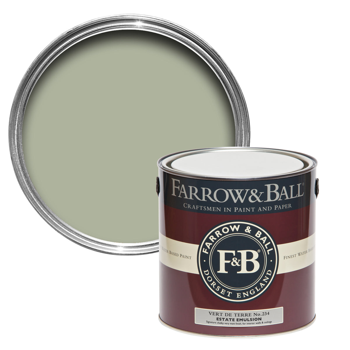 Offene Farbdose von oben von Vert De Terre, einem erdigen Grün mit blauen Untertönen mit einer geschlossenen 2,5l Dose Estate Emulsion davor. 
