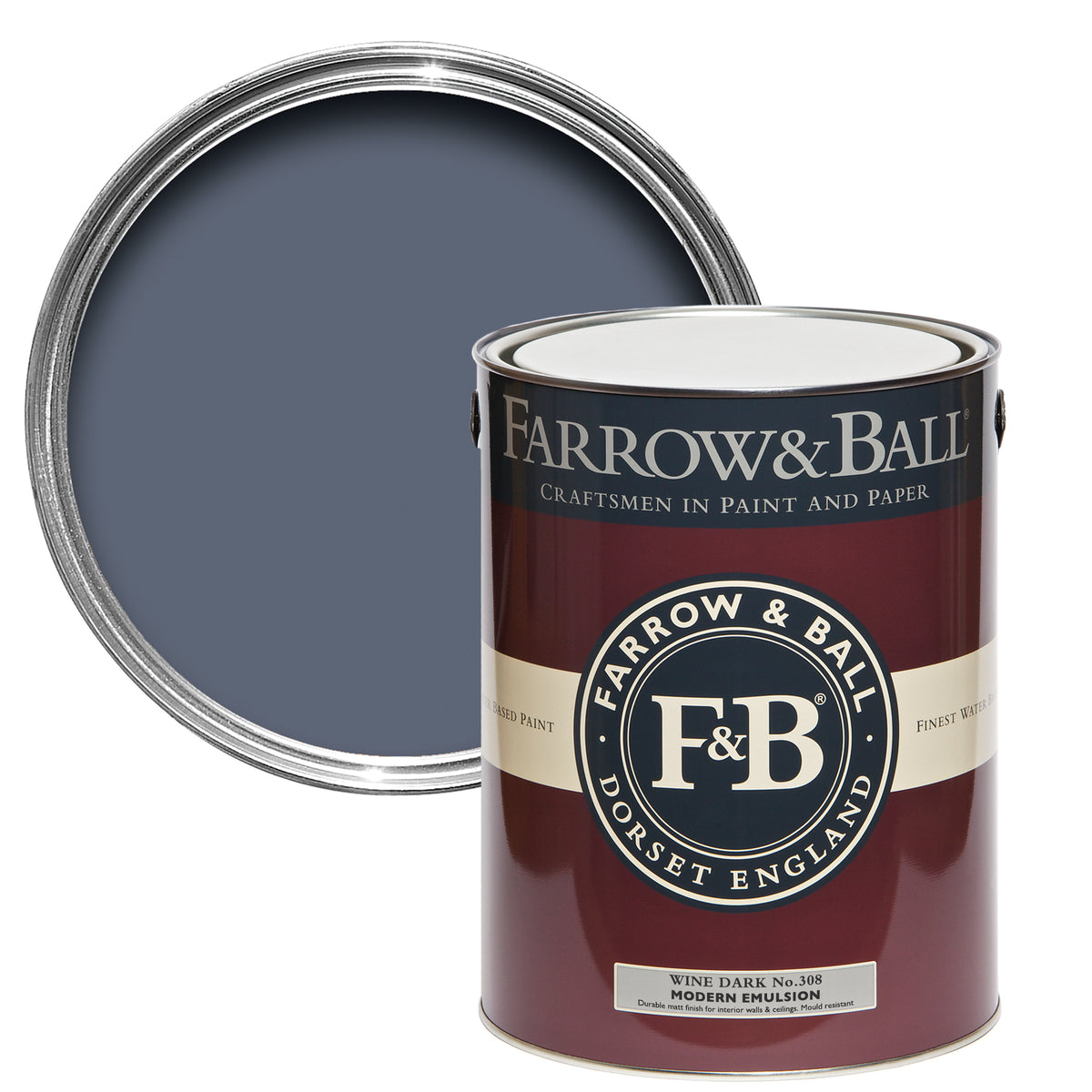 Offene Farbdose von oben von Wine Dark, einem dunklen Blau wie der Nachthimmel, der jedem Raum glamouröse Gemütlichkeit gibt mit einer geschlossenen 5l Dose Modern Emulsion davor. 
