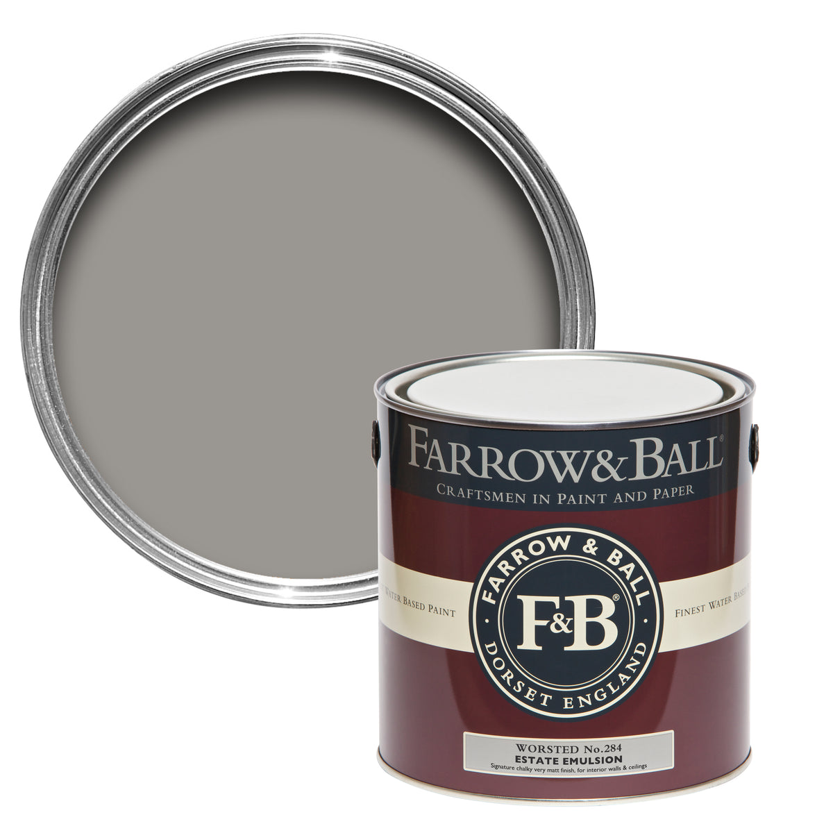 Offene Farbdose von oben von Worsted, einem dunklen Grau, das an City-Anzüge erinnert mit einer geschlossenen 2,5l Dose Estate Emulsion davor. 