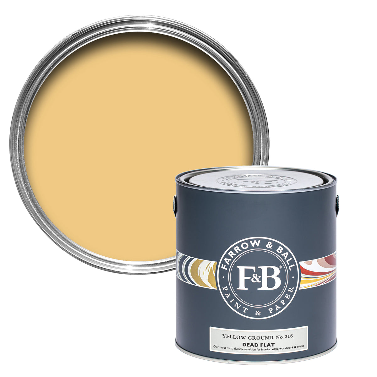 Offene Dead Flat Farbdose von Yellow Ground, einem Gelb, wie man es an Tapeten liebt und dem Raum frische gibt.