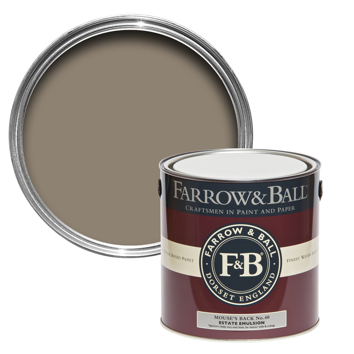 Offene Farbdose von oben von Mouse's Back, einem Braun wie das Fell einer Feldmaus mit einer geschlossenen 2,5l Dose Estate Emulsion davor. 