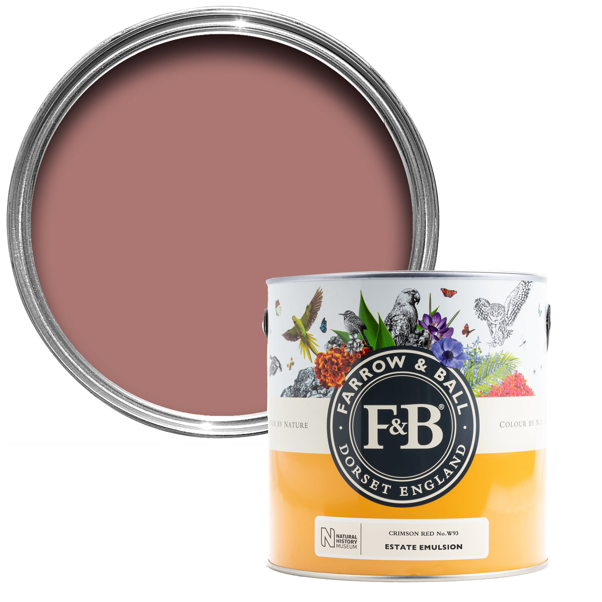 Offene Farbdose von oben von Crimson Red, einem glamourös-romantischen Rot wie ein kostbarer Granat mit einer geschlossenen 2,5l NHM Dose davor.