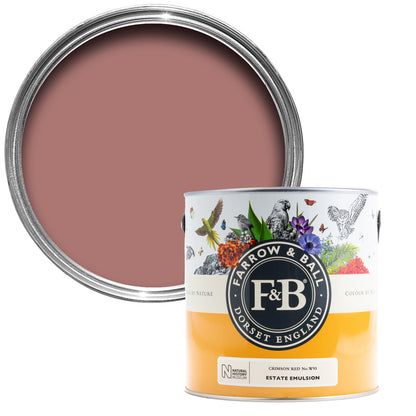 Offene Farbdose von oben von Crimson Red, einem glamourös-romantischen Rot wie ein kostbarer Granat mit einer geschlossenen 2,5l NHM Dose davor.