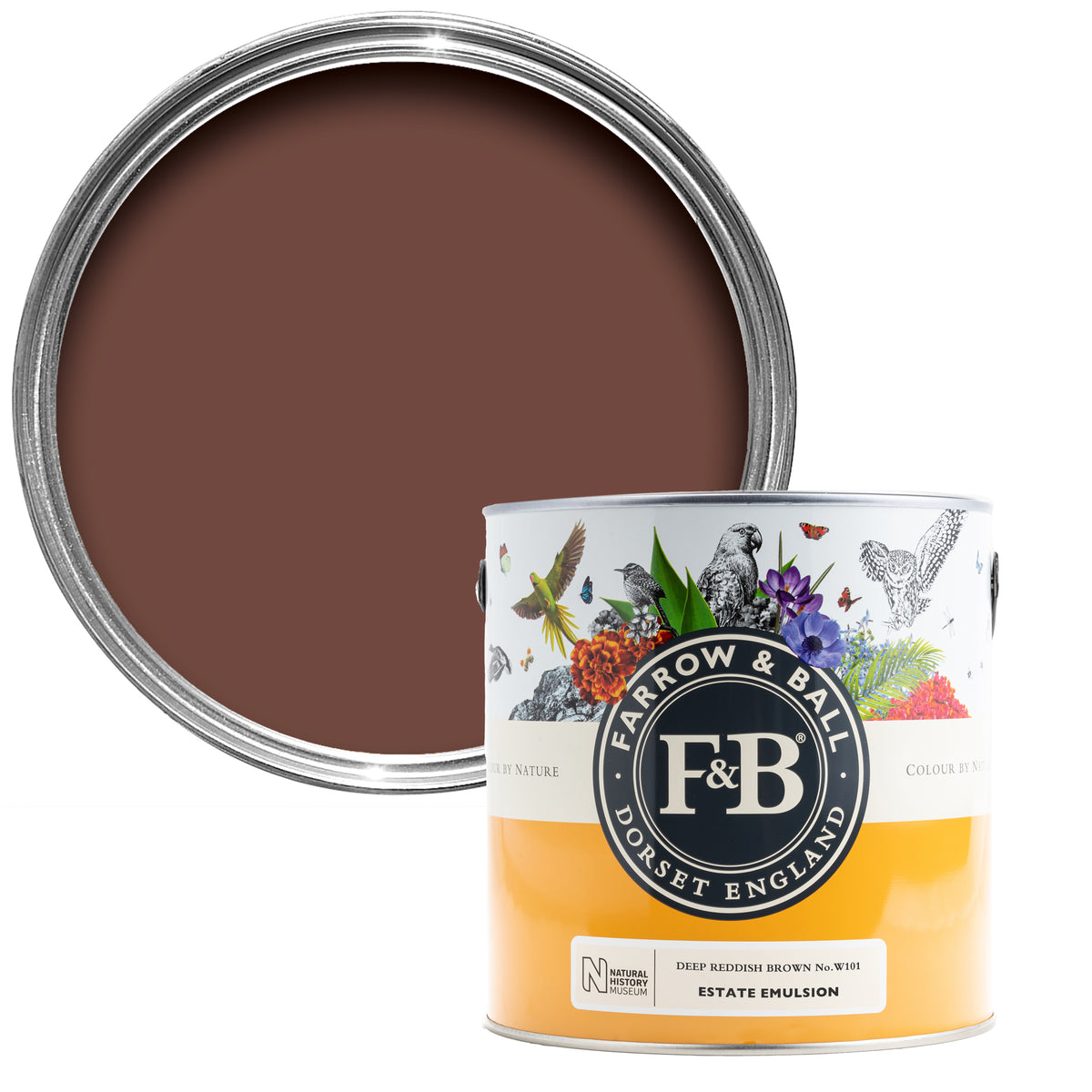 Offene Farbdose von oben von Deep Reddish Brown, einem farbintensiven Braun mit einer geschlossenen 2,5l NHM Dose davor