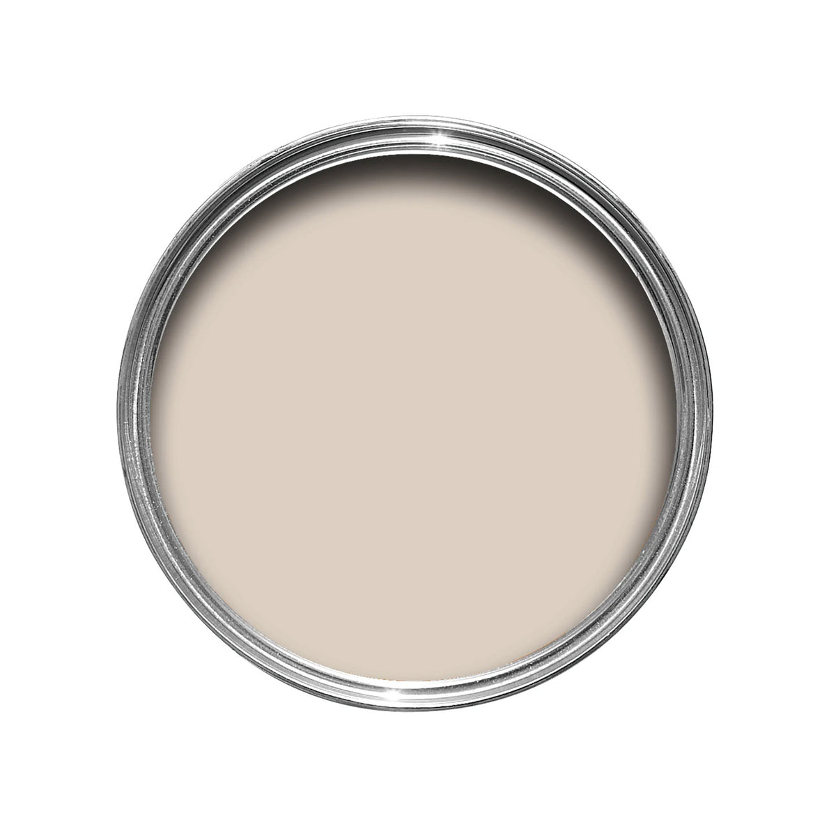 Offene Farbdose von oben von Stirabout, einer erdigen Nuance mit grauen Untertönen, das der Farbe von Porridge ähnelt. 
