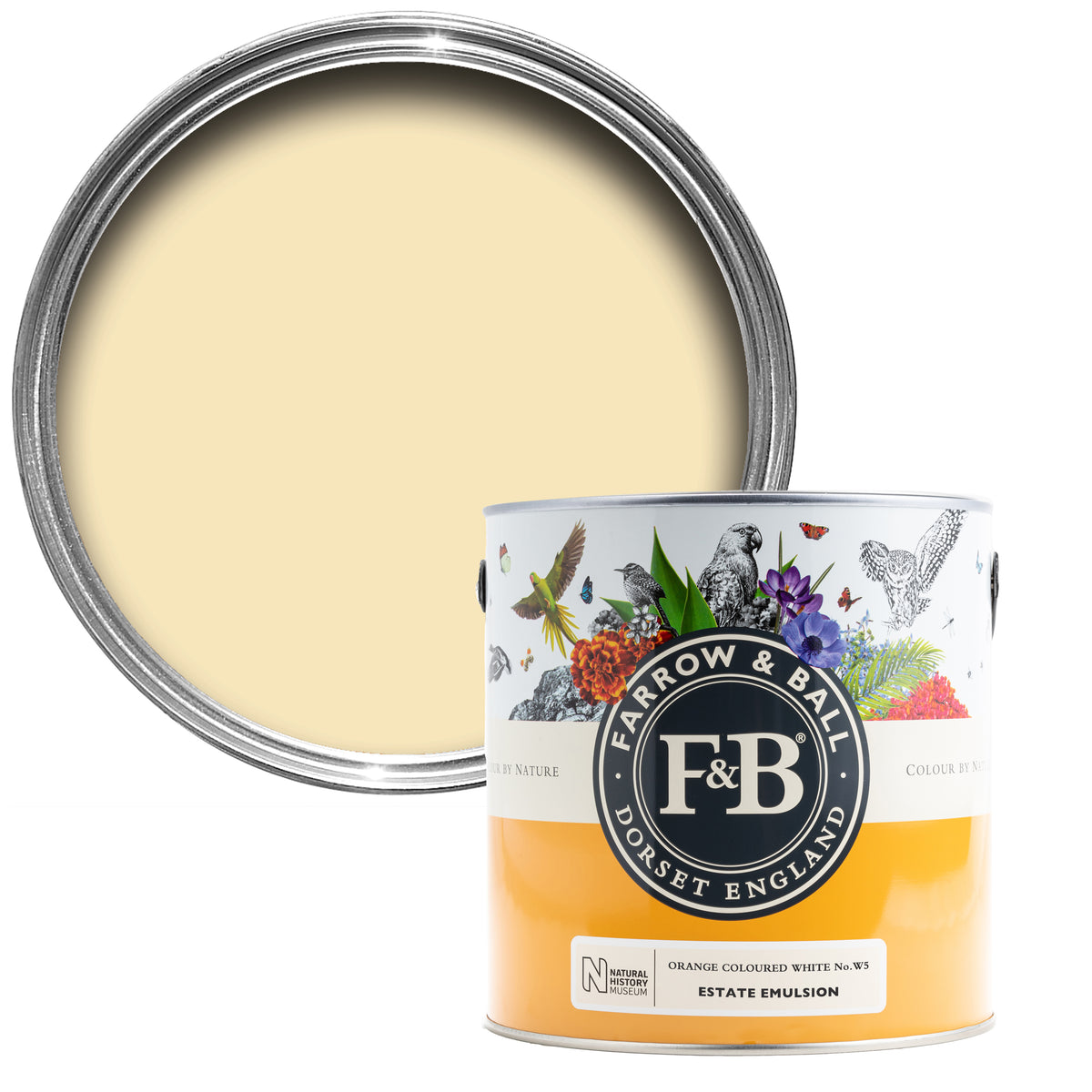 Offene Farbdose von oben von Orange Coloured White, einem weiß mit roten Pigmenten mit einer geschlossenen 2,5l NHM Dose davor. 