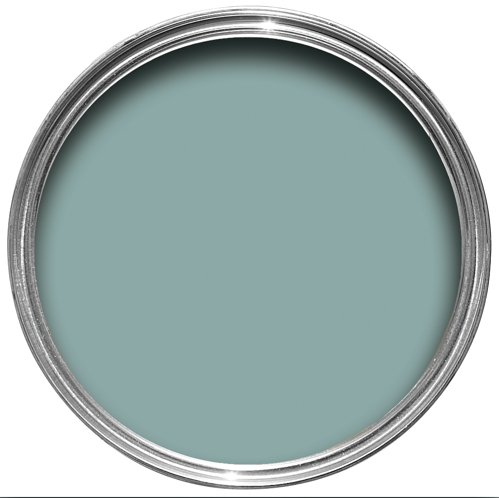 Offene Farbdose von oben von Ballroom Blue, einem blassen Blau wie es früher in Ballsälen zu finden war. 