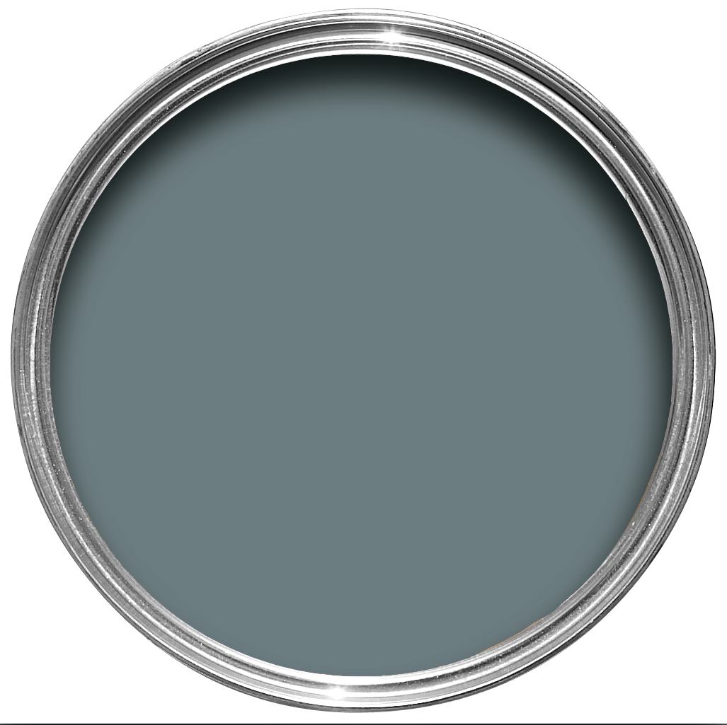 Offene Farbdose von oben von Barrow Blue, einem blassen, jedoch dunklen Blaugrün. 
