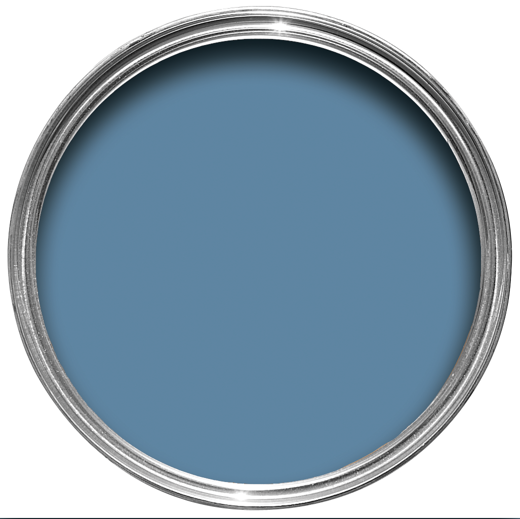Offene Farbdose von oben von Belvedere Blue, einem cleanen Blau. 